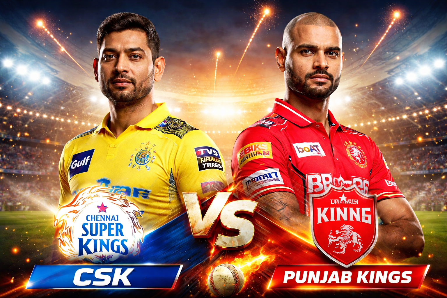 CSK vs PBKS IPL match poster featuring Chennai Super Kings and Punjab Kings players with stadium background