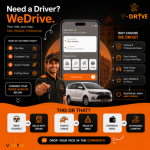 Promotional Instagram post for VDrive showing a professional driver holding car keys beside a vehicle and mobile booking interface. The graphic highlights driver services including city rides, outstation trips, airport transfers, and full-day drivers, with messaging focused on safe, reliable, and affordable travel in Jaipur.